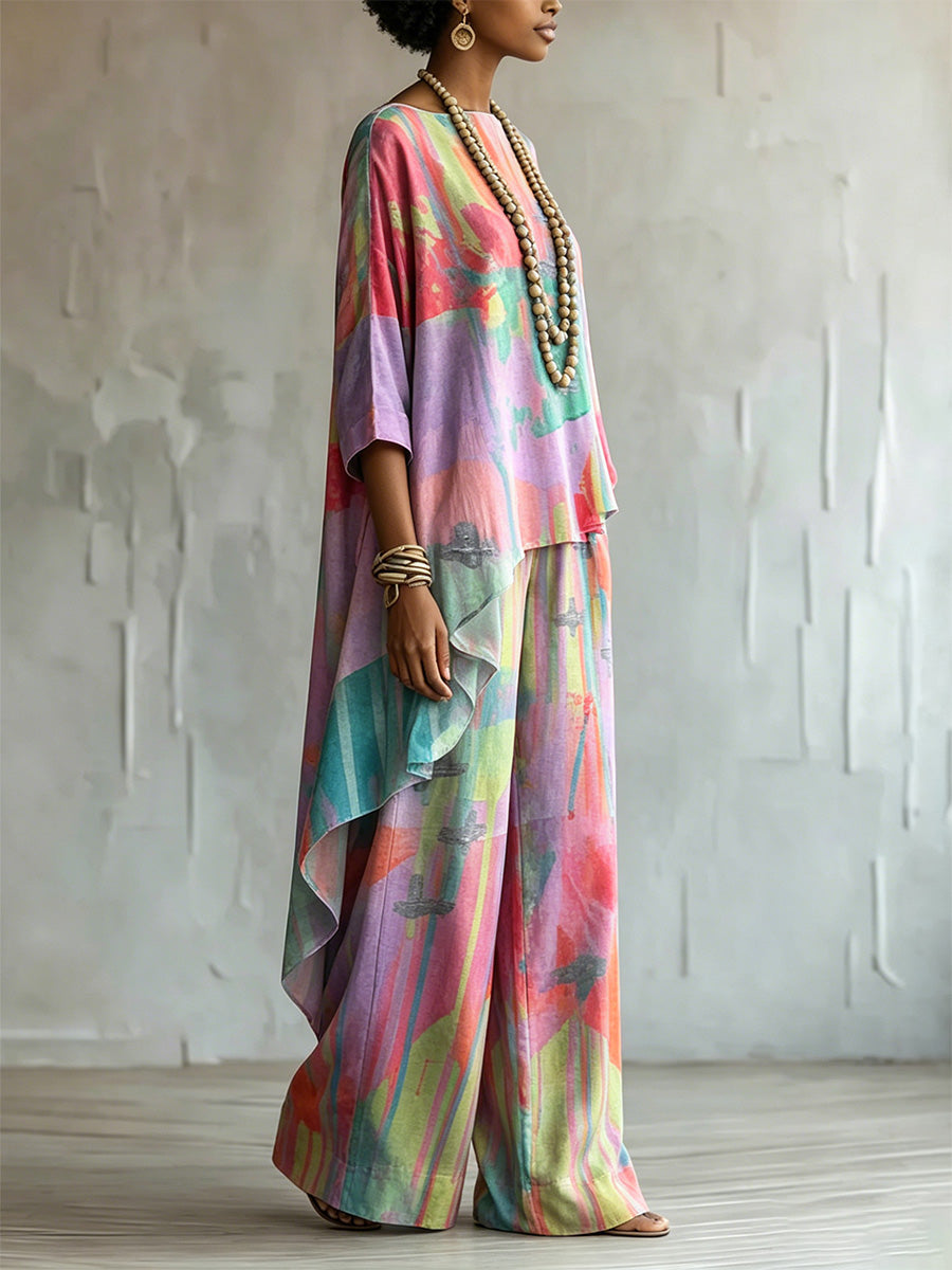 Elegant Artistic Color-block Graffiti Print Two-piece Set