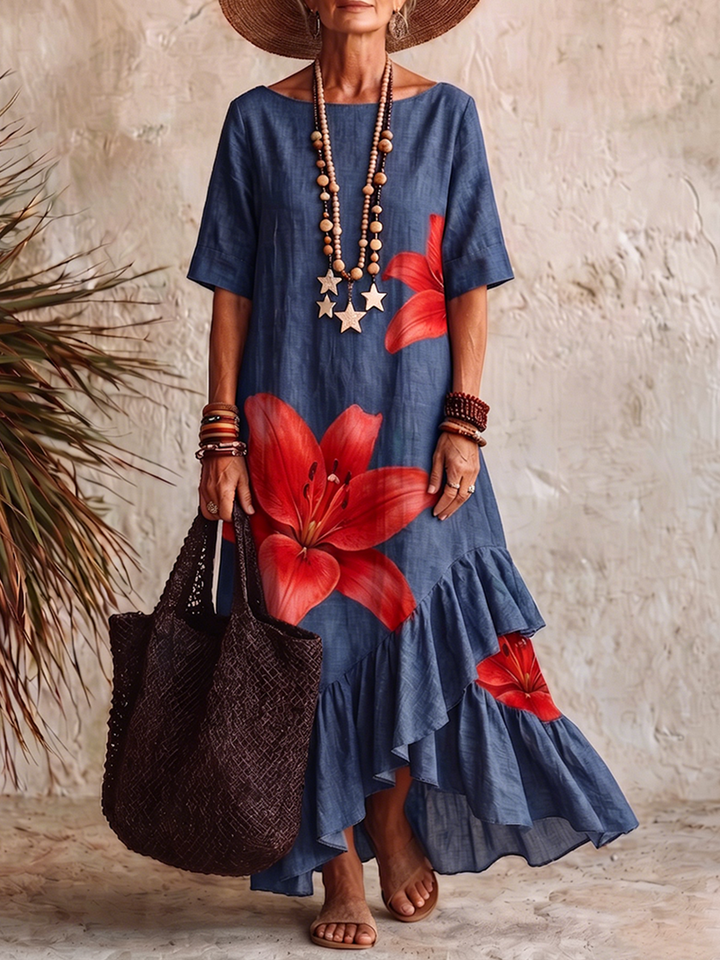 Artistic Lily Print Boat-neck Cotton Dress With Ruffled Hem