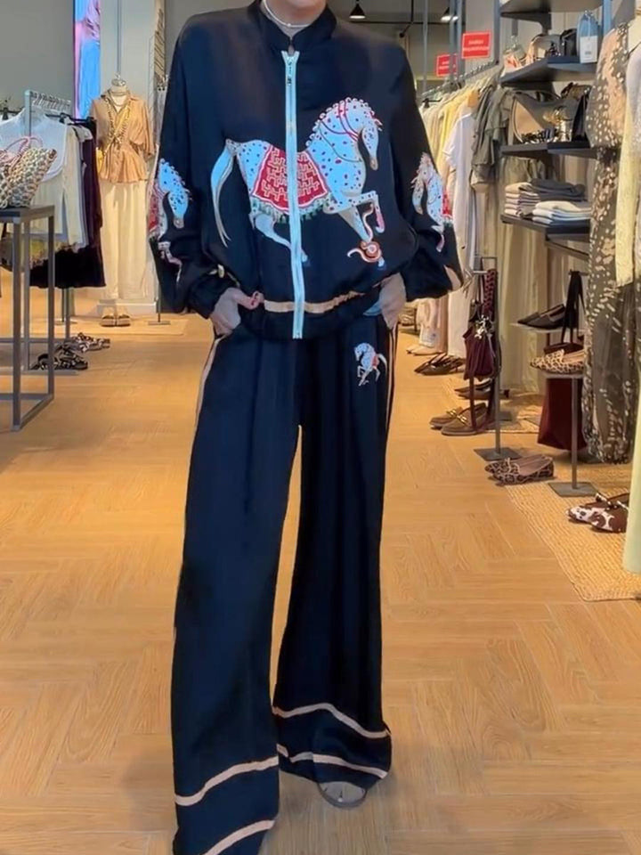 Chic Artistic Vintage Horse Print Two-piece Set