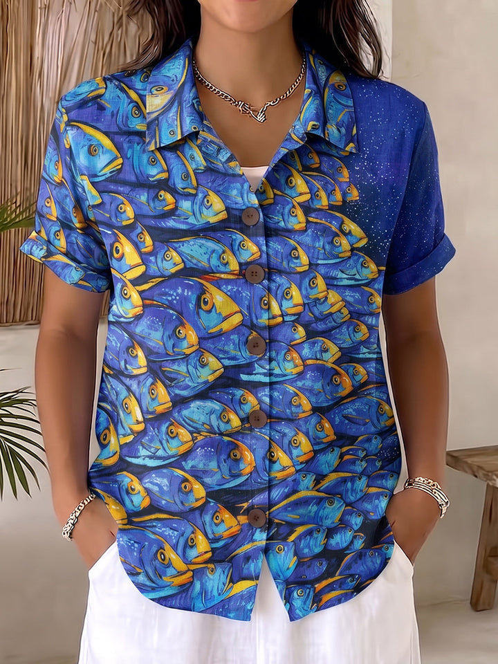 "Deep Sea Dream" Fish Print Cotton-linen Shirt