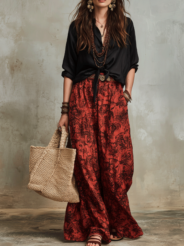 Button-down Shirt + Botanical Print Wide-leg Pants Set